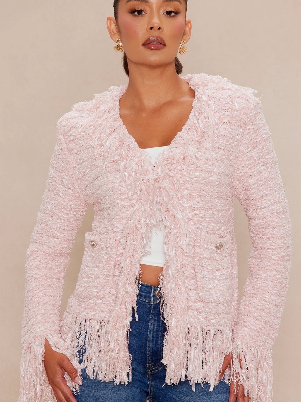 Fashion Nova Pink Fringe Bouclé Cardigan